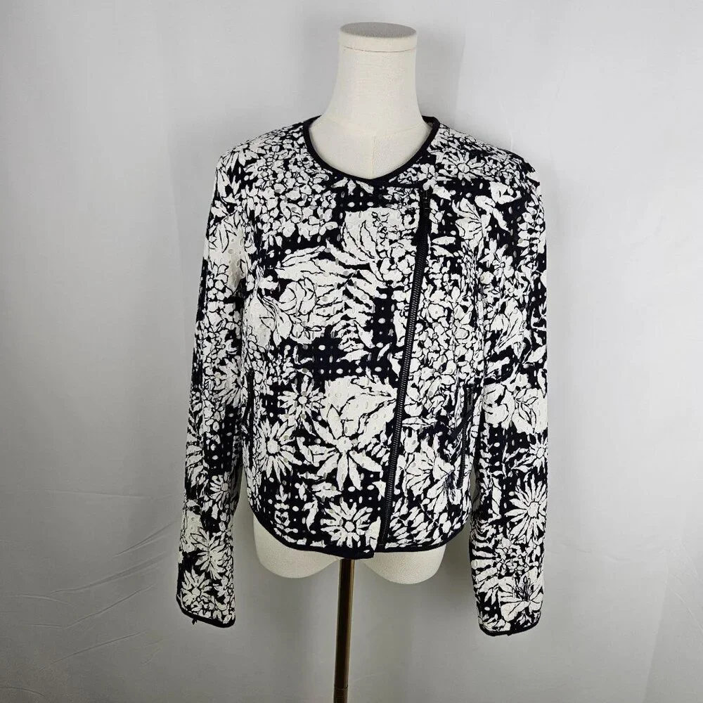 Boden Amelie Broderie Biker Jacket Sz 10 White Black Zip Front Floral Officewear
